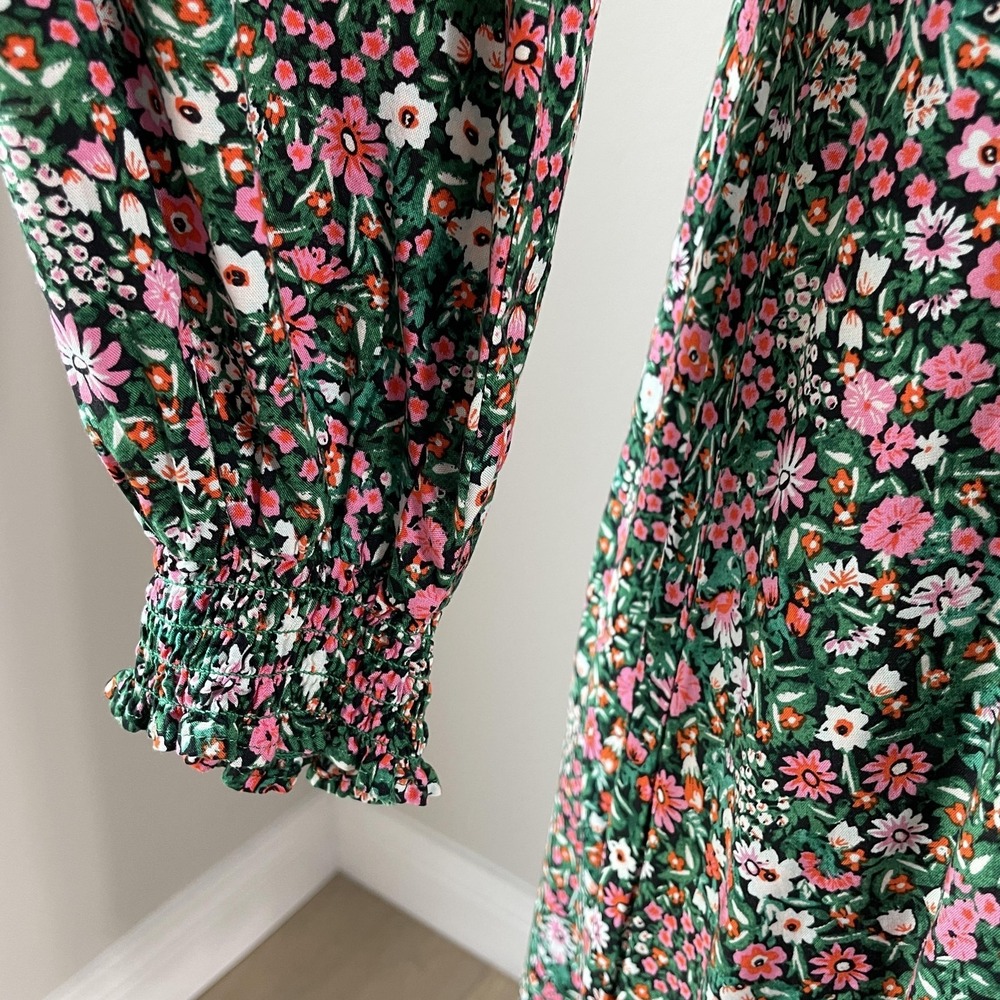 Uniqlo Dress Womens Small Green Floral V Neck Fit Flare Long Sleeve Pockets - Picture 11 of 11